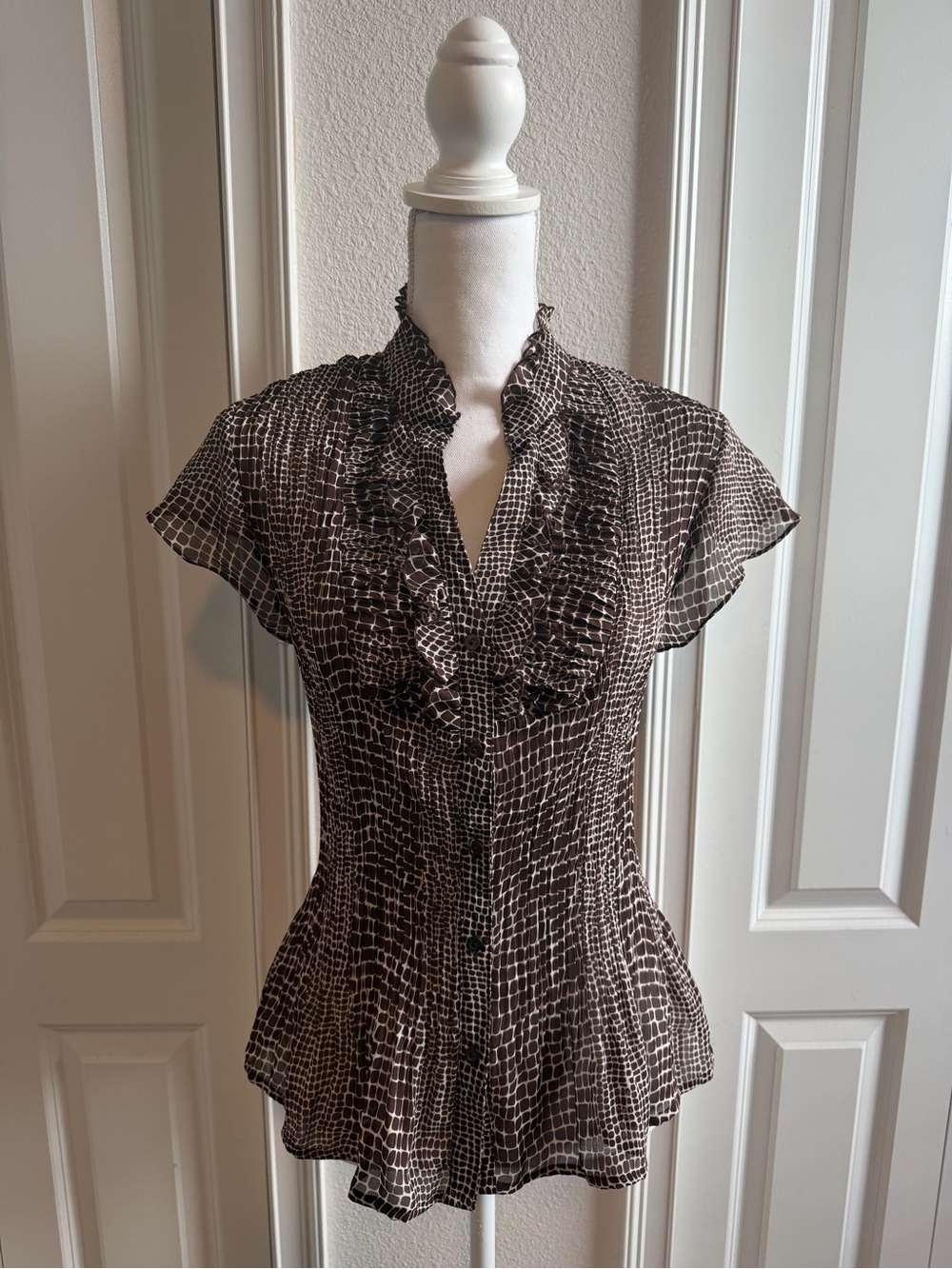 Sunny Leigh Y2K Brown Animal Print Ruffle Peplum Blouse Size L